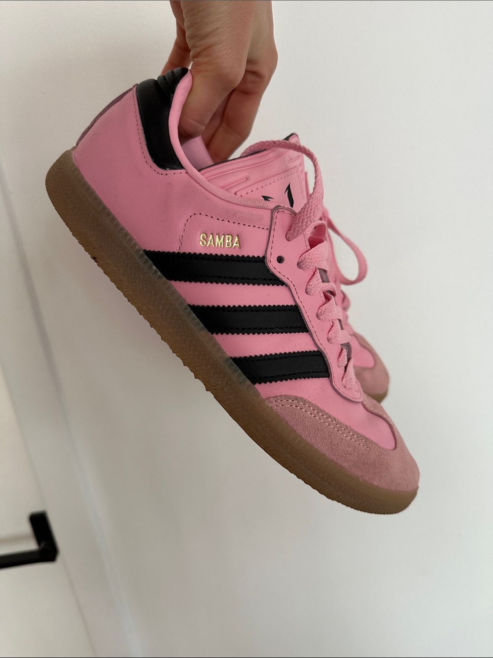 adidas Samba Sneakers in Pink with Black Stripes and Gum Sole